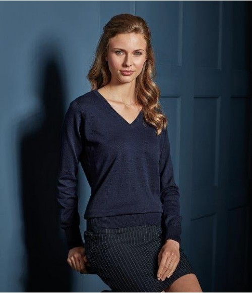PR696 Premier Ladies Knitted Cotton Acrylic V Neck Sweater