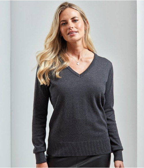 PR696 Premier Ladies Knitted Cotton Acrylic V Neck Sweater